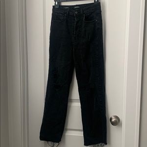 Black high rise straight leg raw hem jeans